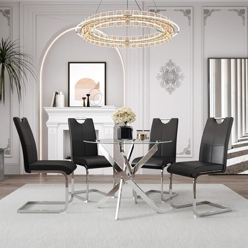 100cm Round Glass Dining Table Set with 4 Grey Faux Leather Chairs