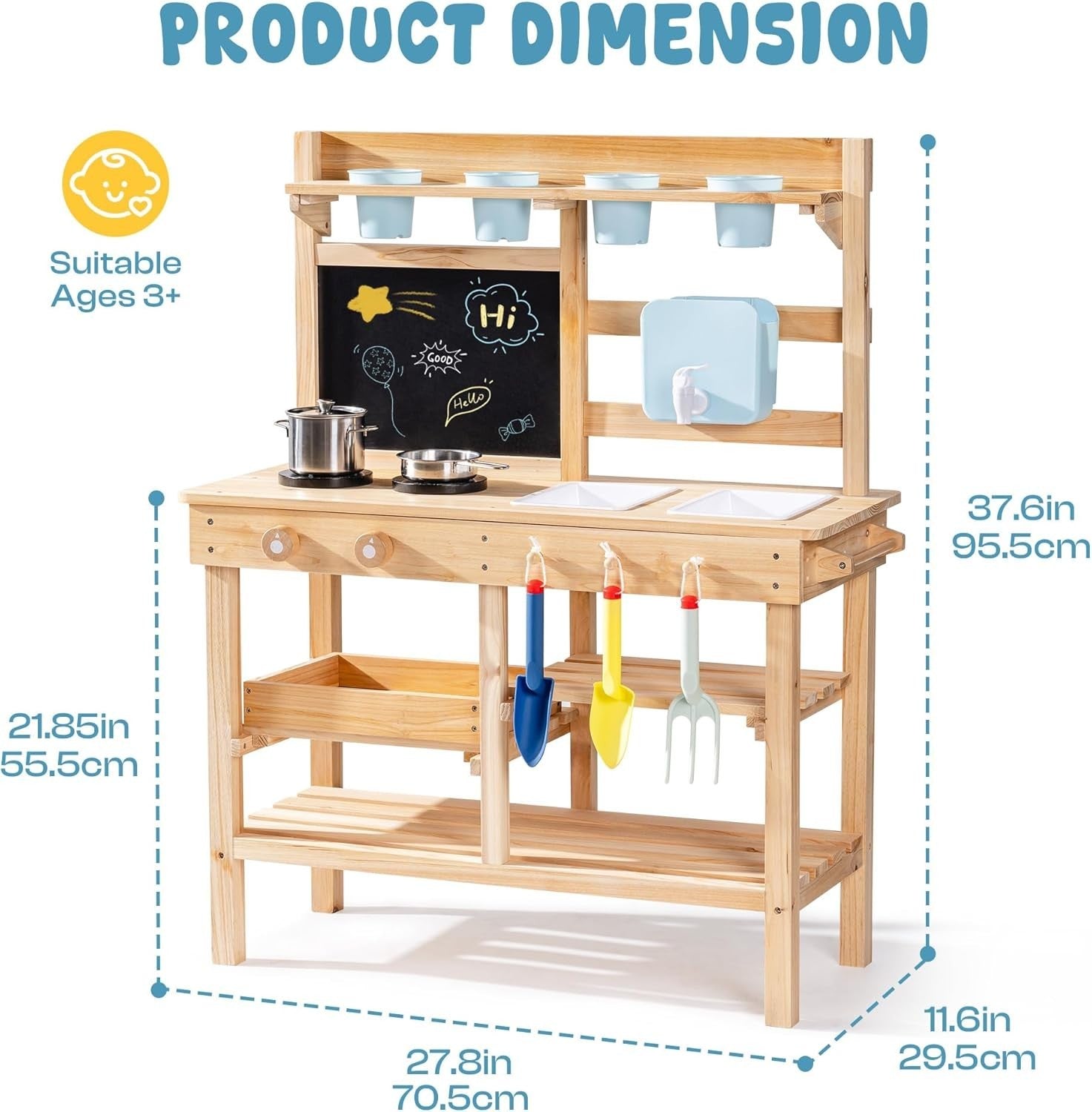Outdoor Wooden Mud Kitchen Kids Playset Faucet Blackboard Garden Toy