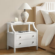 White Modern Bedside Table with 2 Drawers & Shelf, Solid Wood Legs