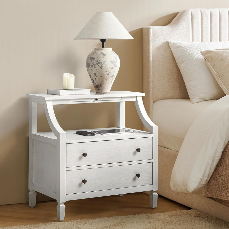 White Modern Bedside Table with 2 Drawers & Shelf, Solid Wood Legs