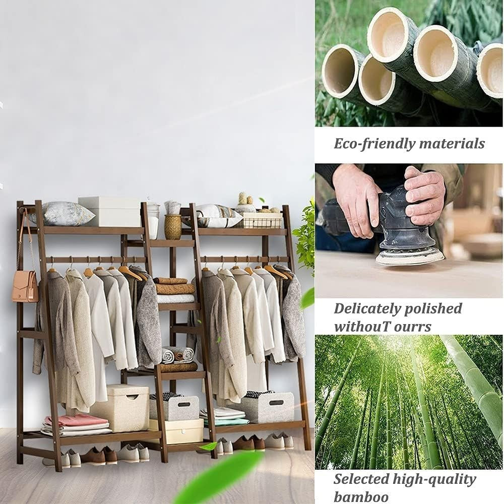 Bamboo Clothes Rail Double Hanging Rack with 8 Shelves 150cm