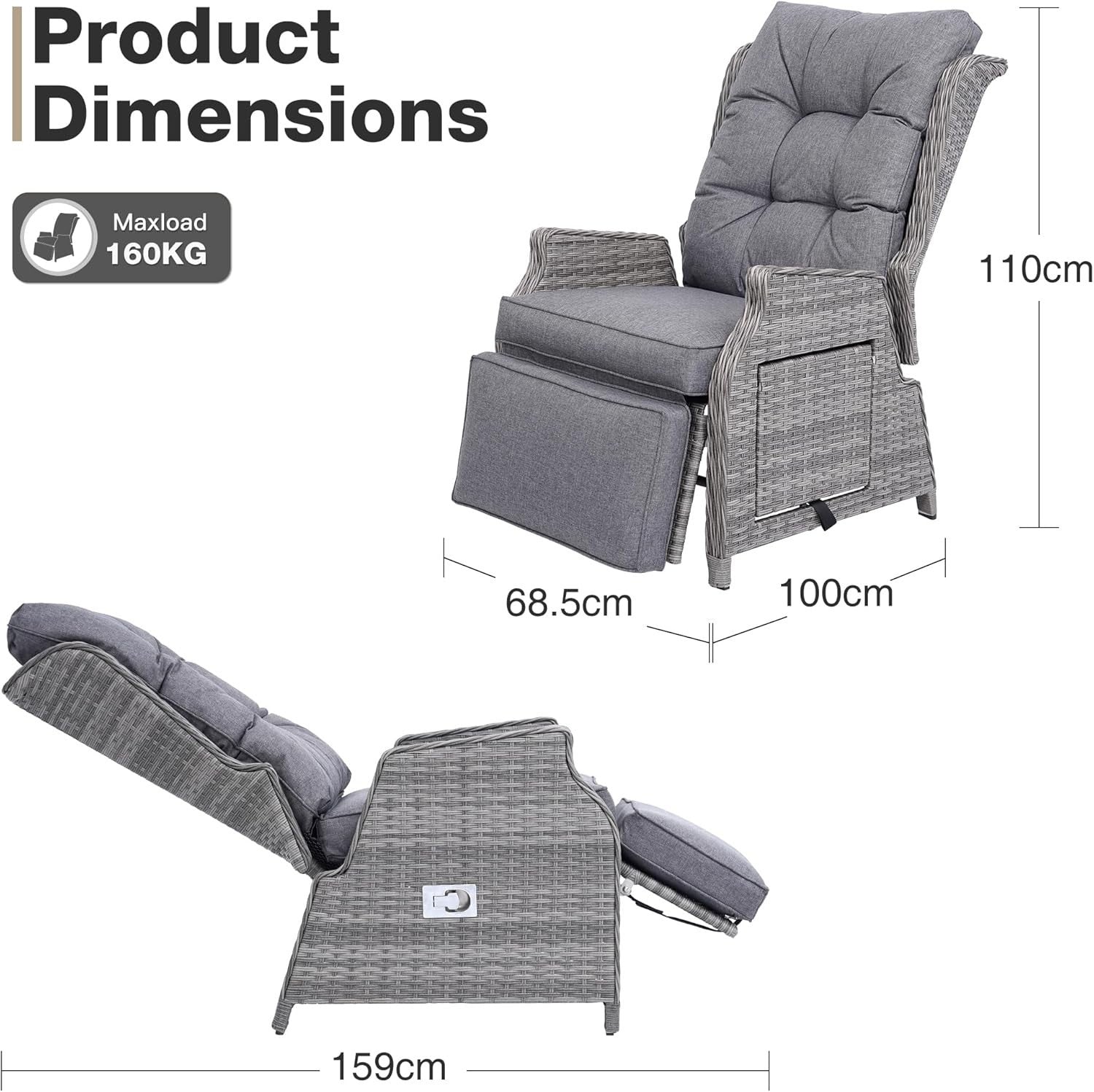 Rattan Reclining Garden Chair w/ Cushions & Flip Table – Sun Lounger Seat