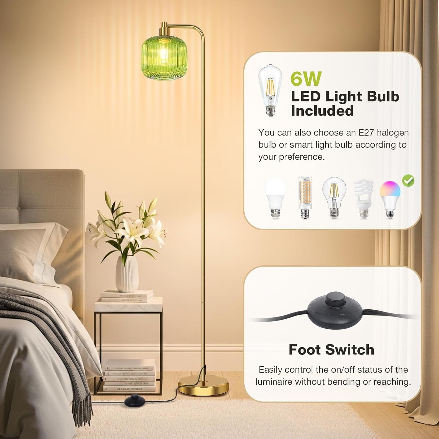 Modern Floor Lamp Tall Standing Light Glass Shade Pedal Switch Living Room