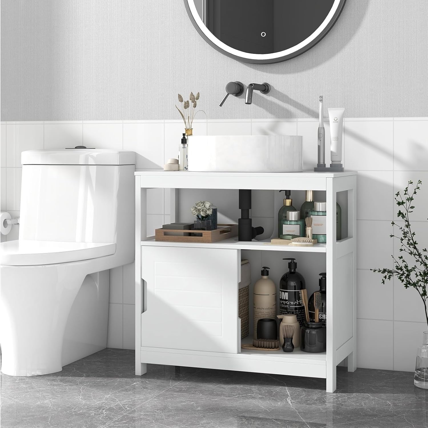 White Under Sink Bathroom Cabinet Sliding Door Storage Unit 60x60cm MDF