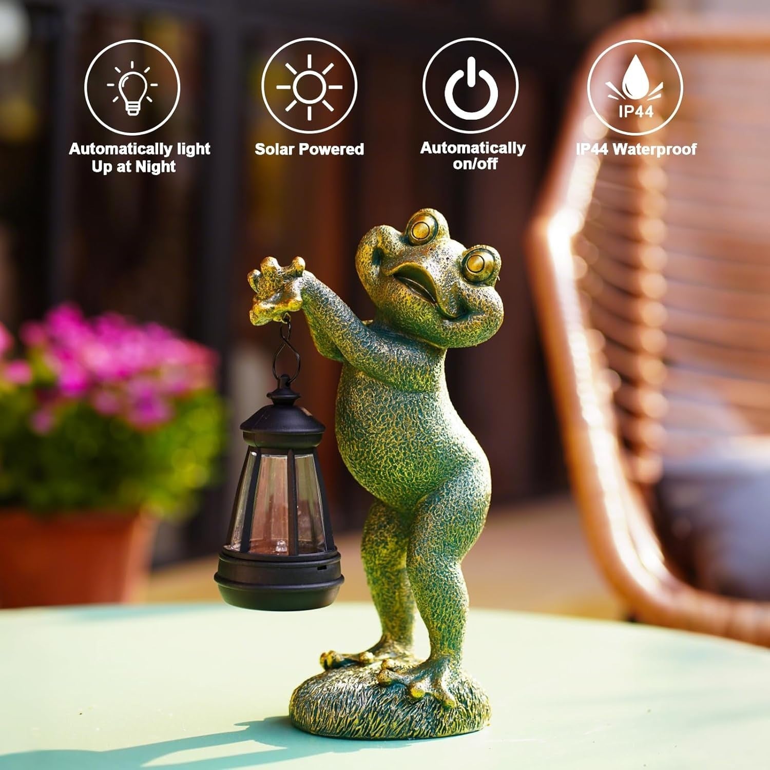 Solar Frog Garden Ornament with Lantern | Outdoor LED Statue Patio Lawn Decor