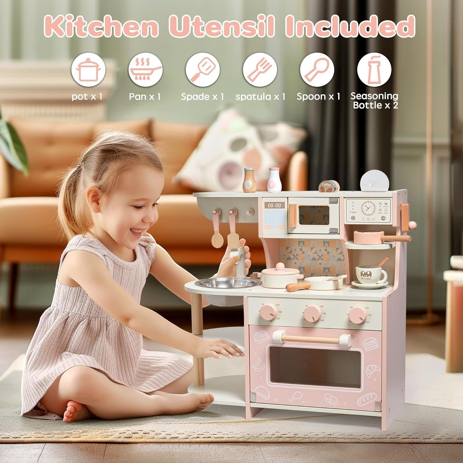 Wooden Kids Play Kitchen Coffee Maker Pretend Cooking Set Pink Toy