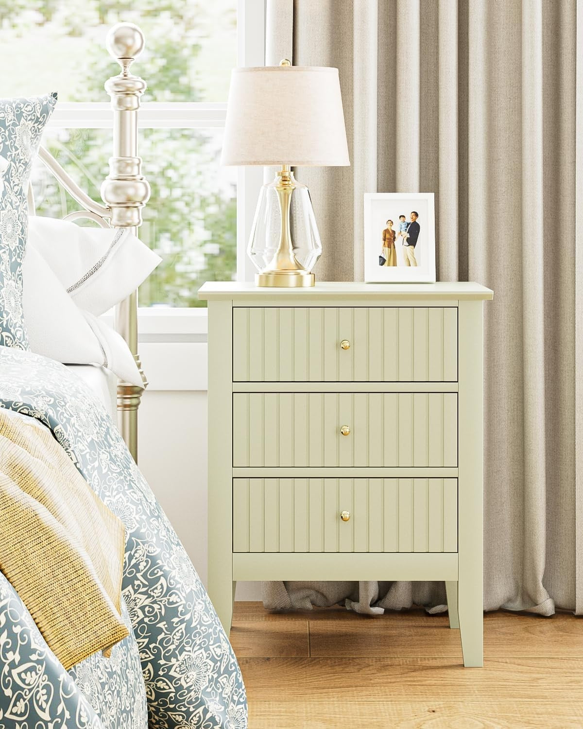 Modern Green Bedside Table with 3 Drawers Wooden Nightstand Bedroom Storage