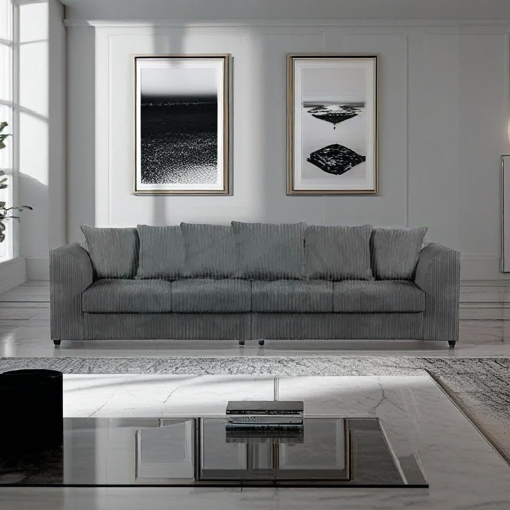 Modern Jumbo Cord 4-Seater Sofa Grey Modular Sectional Couch with Cushions