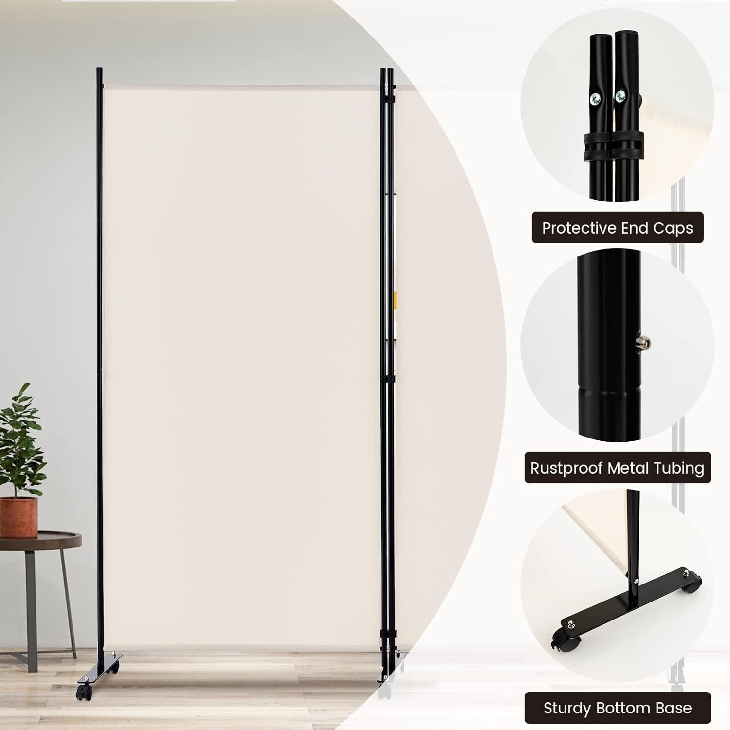 3 Panel Beige Folding Room Divider Privacy Screen on Wheels for Home Office