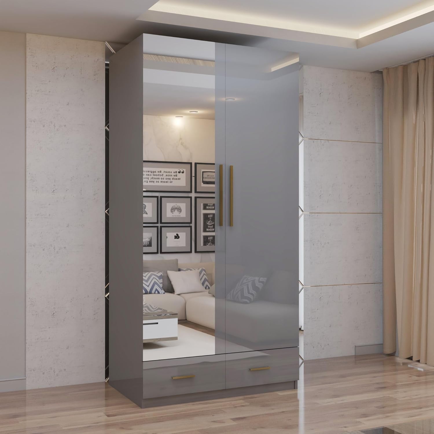 Grey Gloss Wardrobe Mirror Drawers Gold Handles 2 Door 90cm Storage