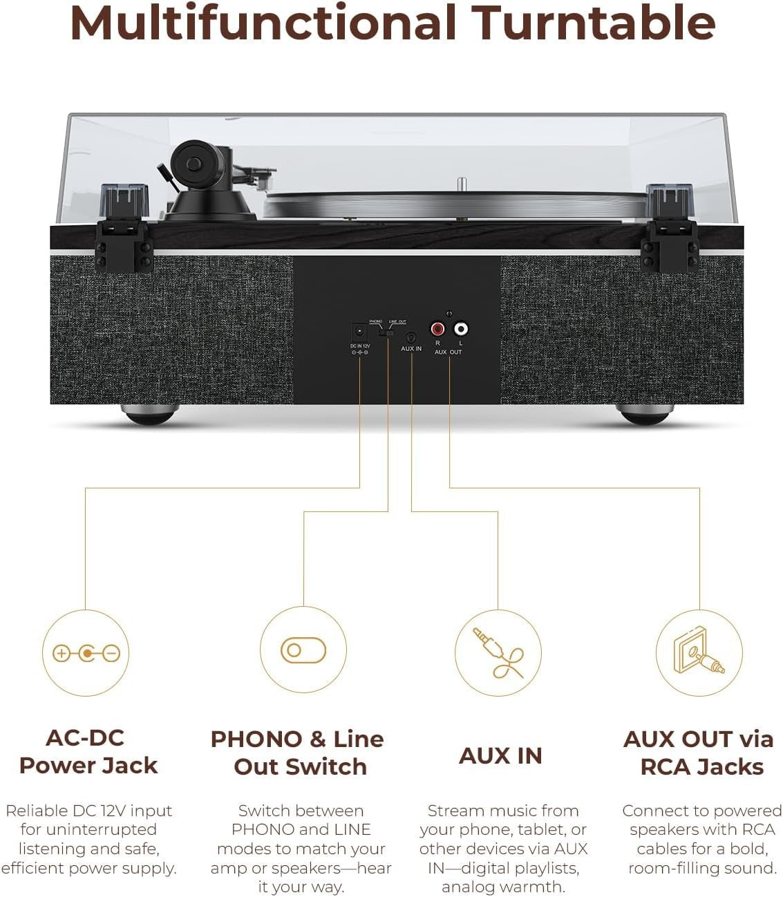 Vinyl Record Player | All-in-One Turntable with Speakers | Hi-Fi 4-Speaker Sound