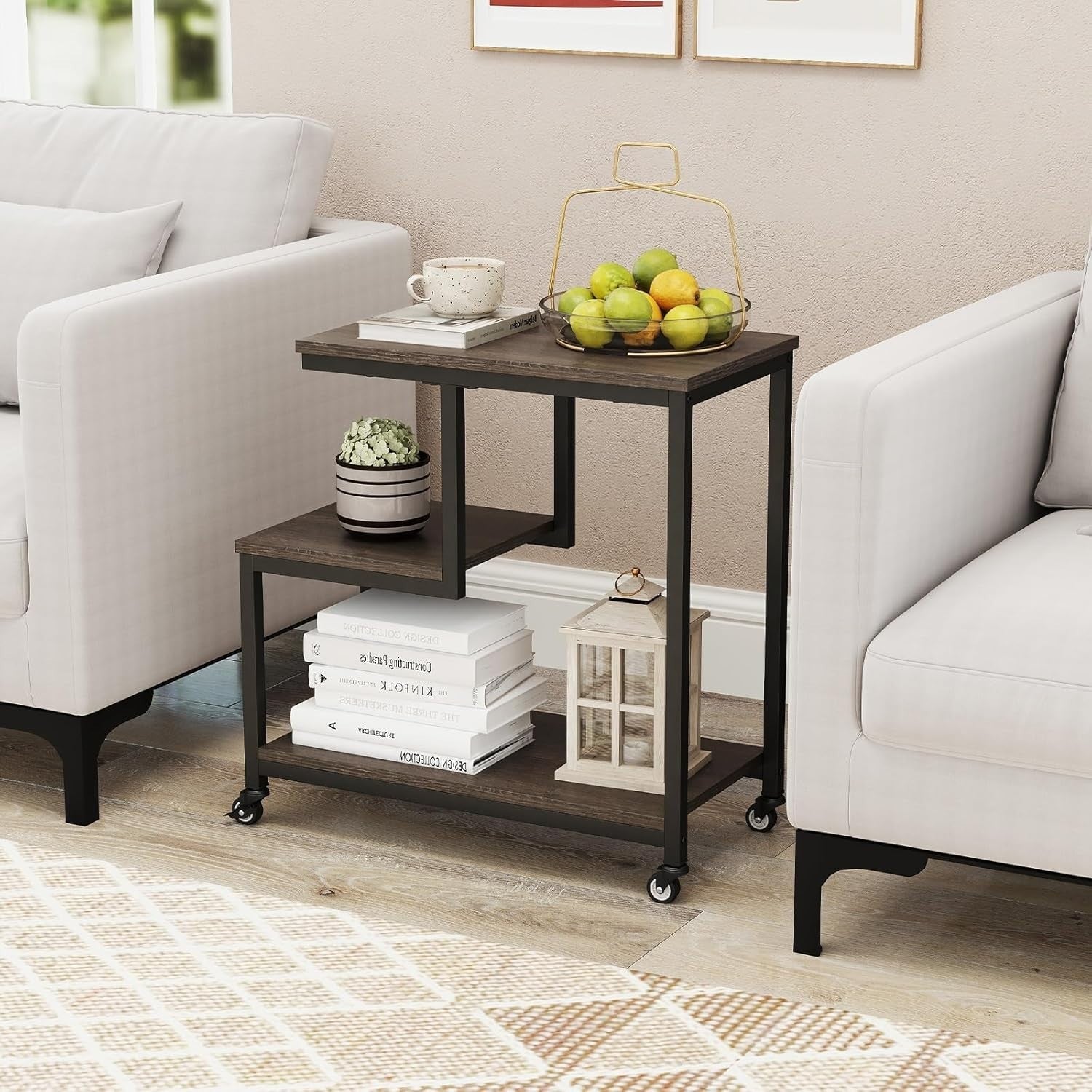 G-Shaped 3-Tier Sofa Side Table with Wheels | Grey Black End Table Storage
