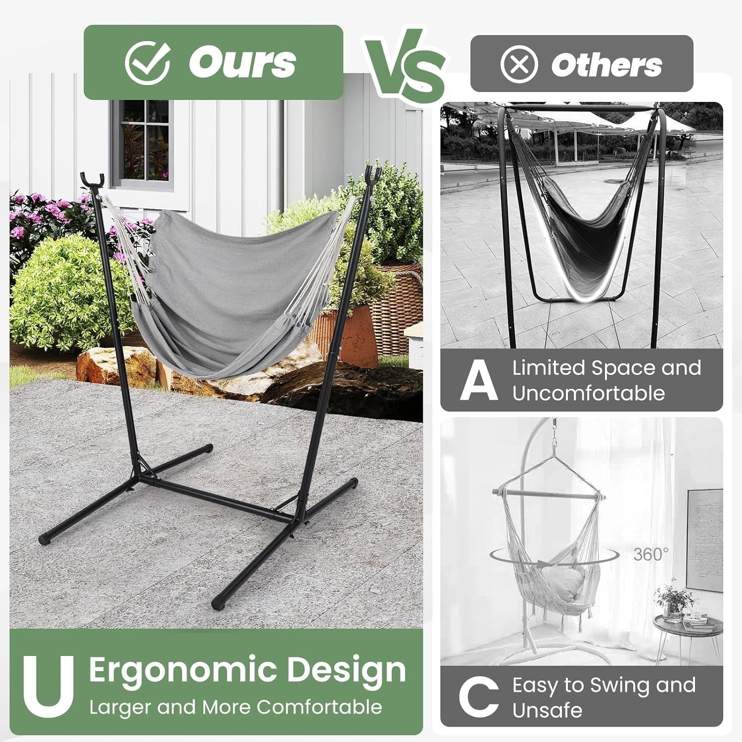 Adjustable Hammock Chair with Stand | Indoor Outdoor Swing Seat + Pocket