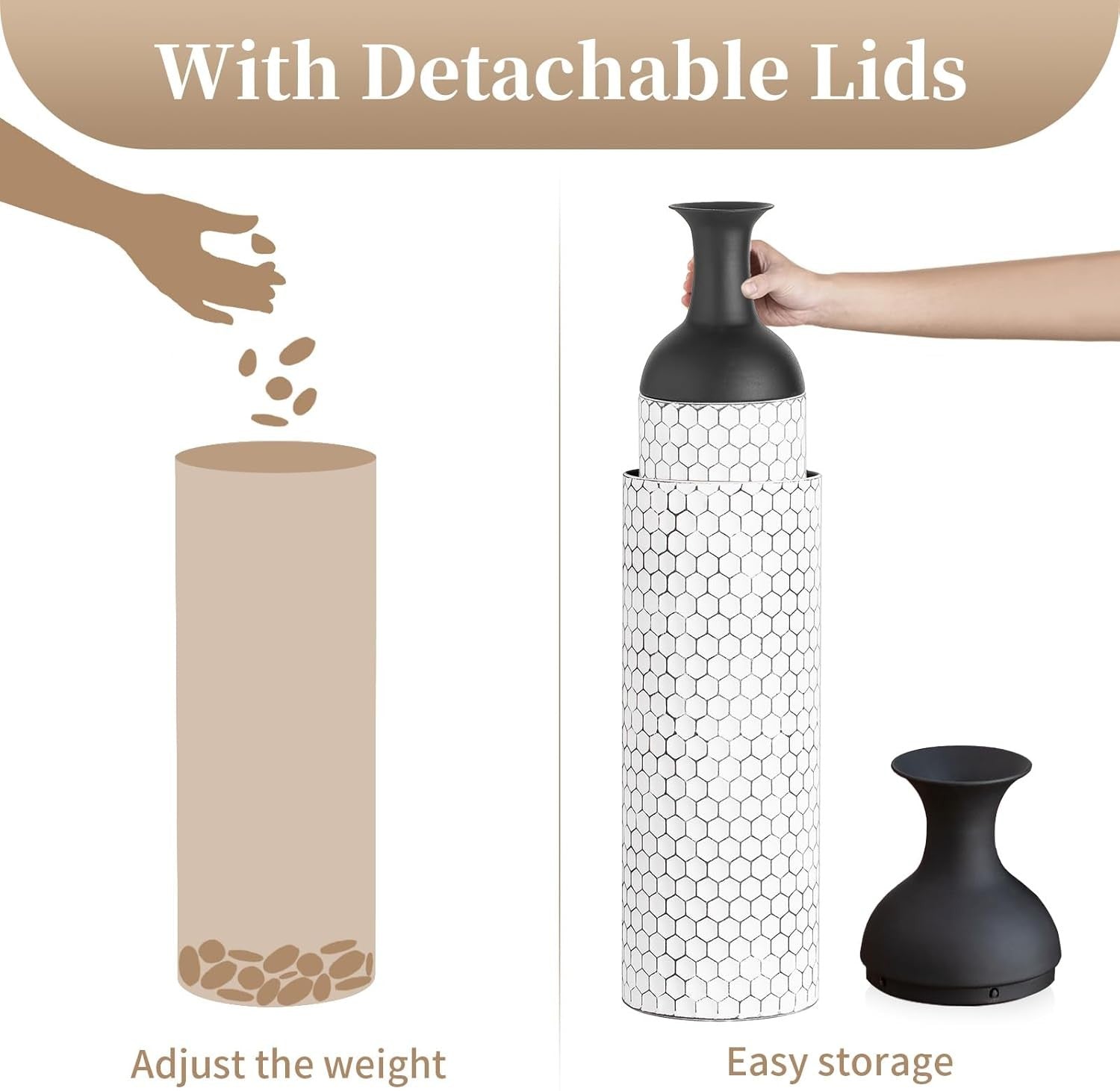 Tall Metal Floor Vase Set of 3 Black White Honeycomb Modern Home Decor
