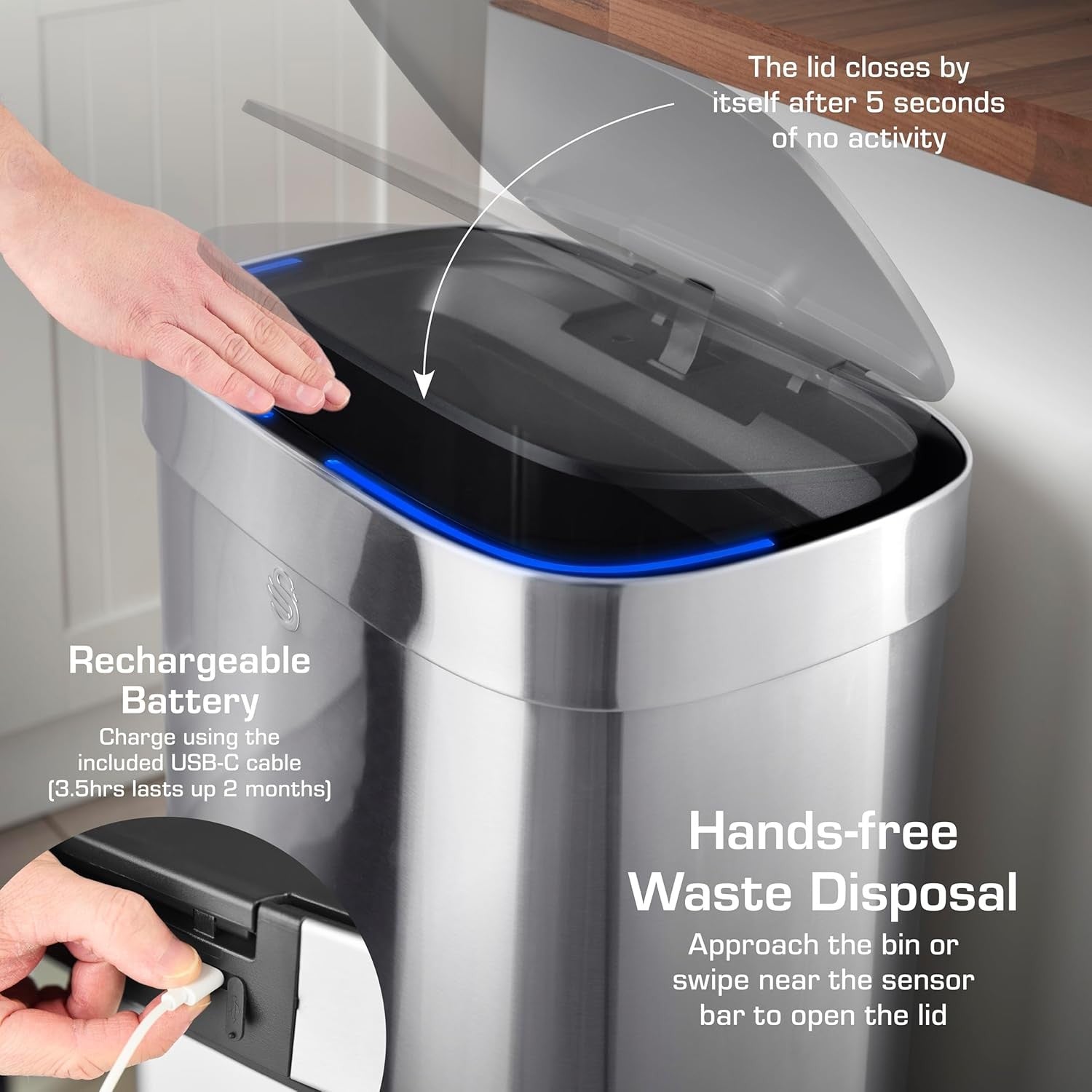 80L Automatic Sensor Kitchen Bin Ozone Odour Control Steel