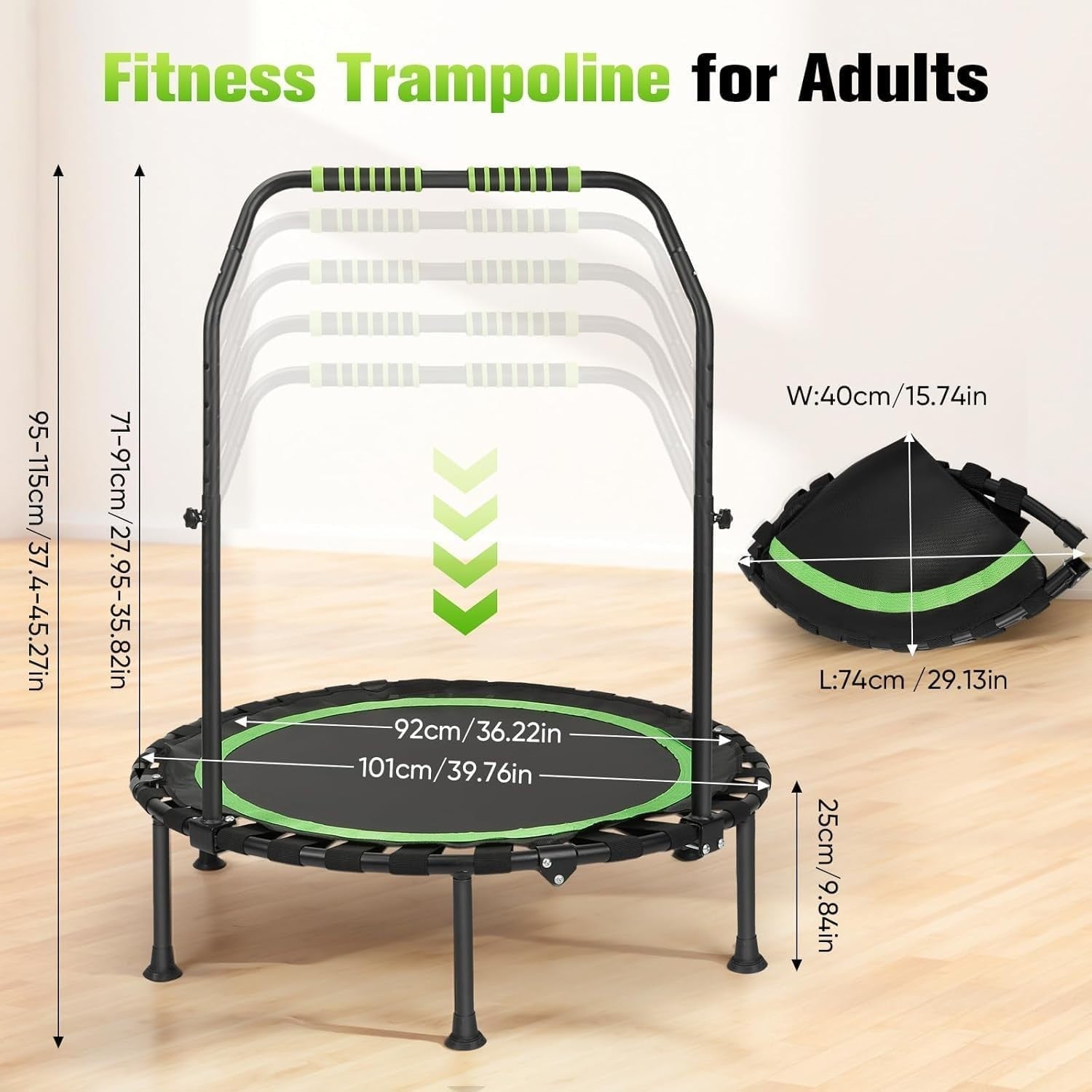 Quiet Folding Fitness Trampoline w Handle 5 Height Levels 150kg