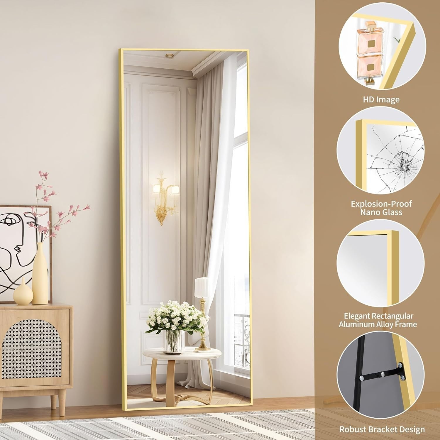 Full Length Gold Mirror 179x65cm Freestanding & Wall Mount Bedroom Use