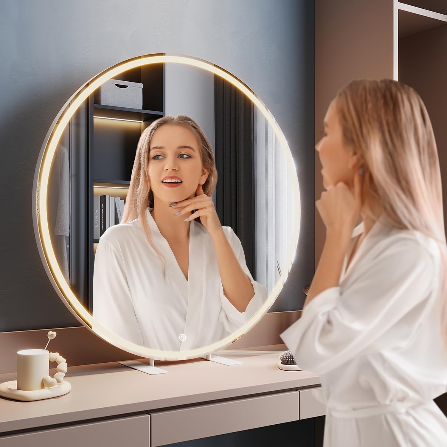 Round LED Vanity Mirror 80cm Touch Dimmable 3 Color Lights Makeup