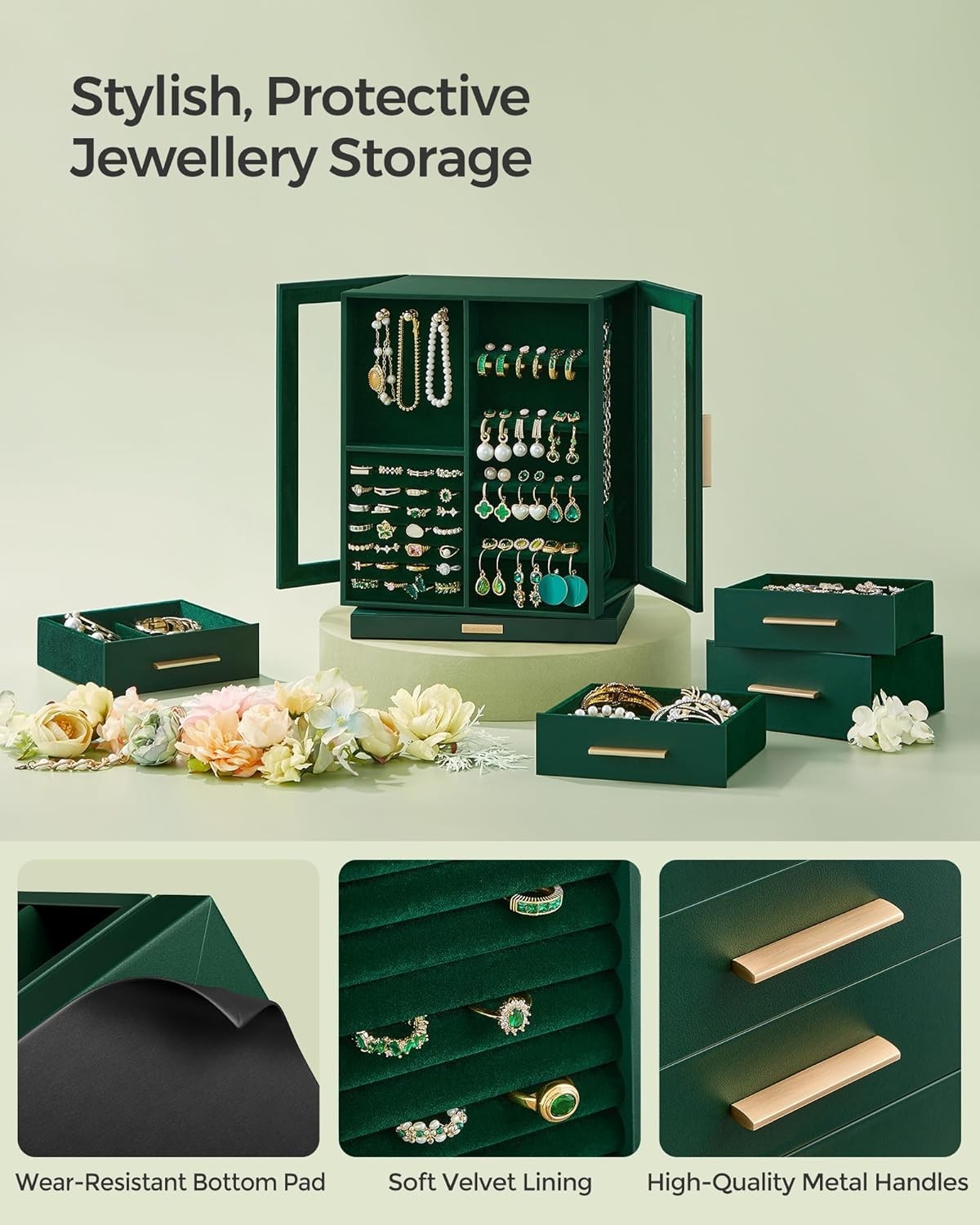 Forest Green Rotating Jewellery Box 360° Vertical Organizer with Drawers