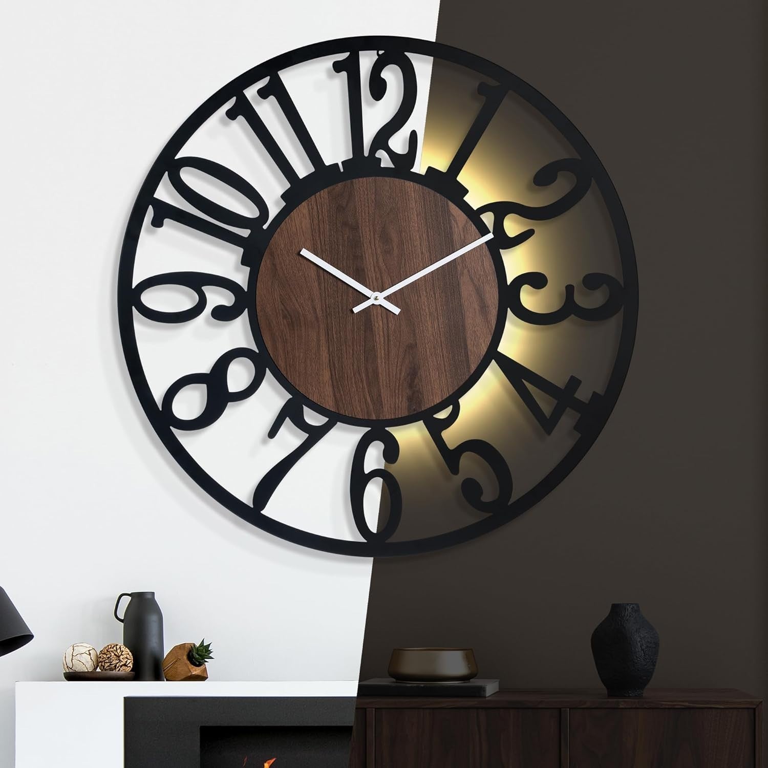 80cm Silent Wall Clock LED Sensor Light Glow Dark Modern Decor