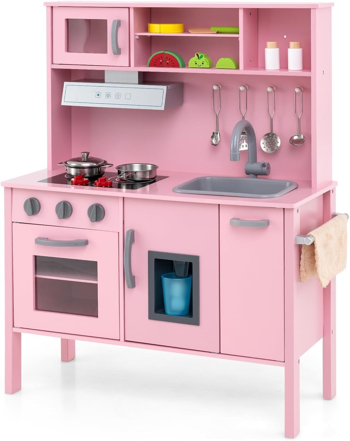 Wooden Kids Play Kitchen Pink Toy Set Microwave Oven Ice Maker Sound