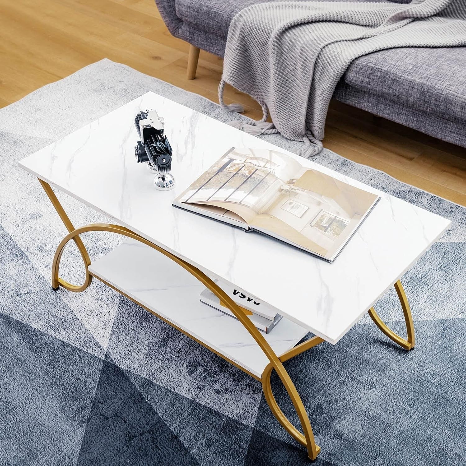 2-Tier Marble Coffee Table with Golden Frame – Rectangular Storage Shelf, 100x50