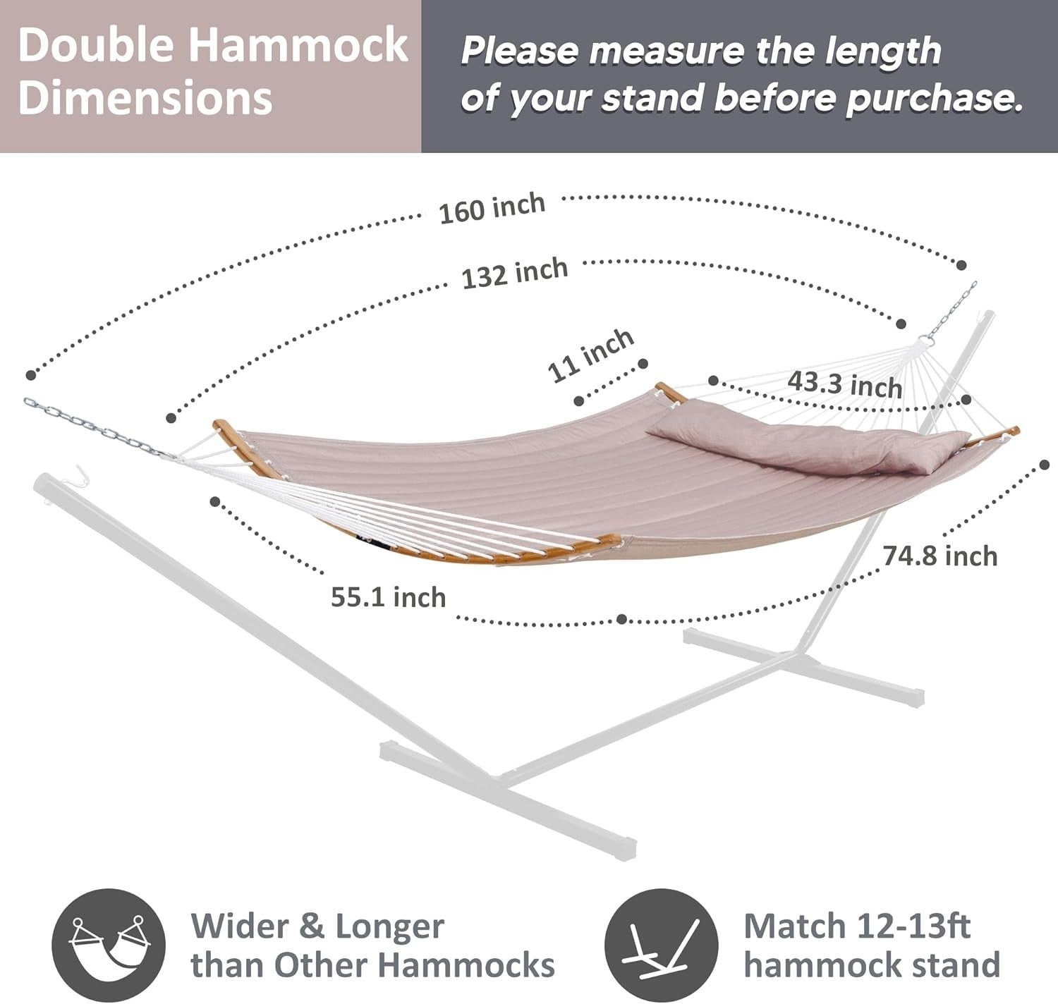 Luxury 13.8FT Double Hammock with Pillow & Curved Bamboo Spreader Bar, 450lbs