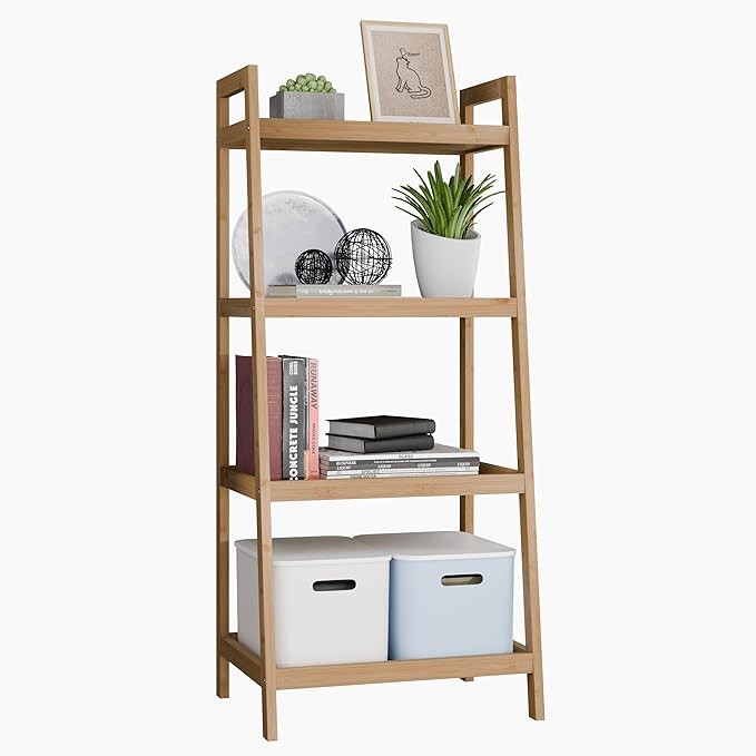 4 Tier Bamboo Ladder Shelf Freestanding Storage Rack for Living Room & Bathroom