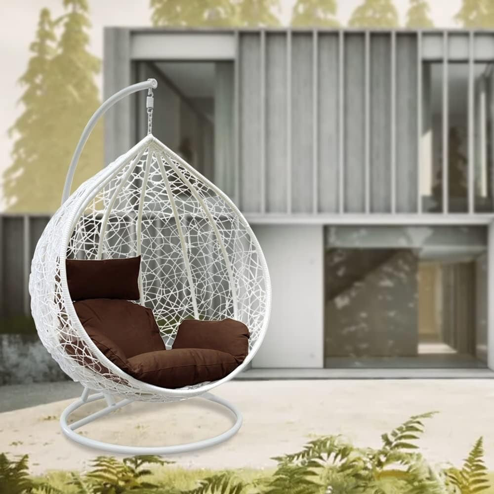 White Rattan Egg Chair Outdoor Patio Swing with Cushion & Steel Stand
