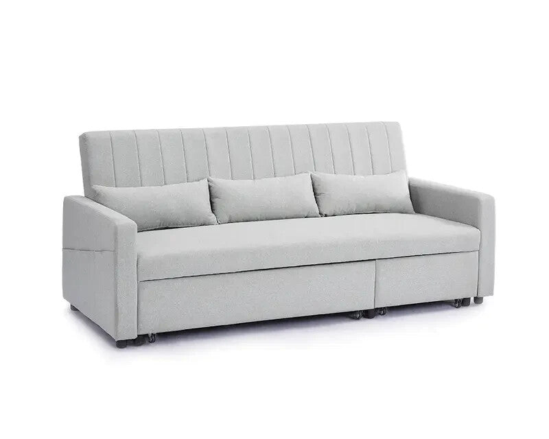 Grey Linen 3 Seater Sofa Bed Pull Out Couch Storage Chaise Guest Sleeper