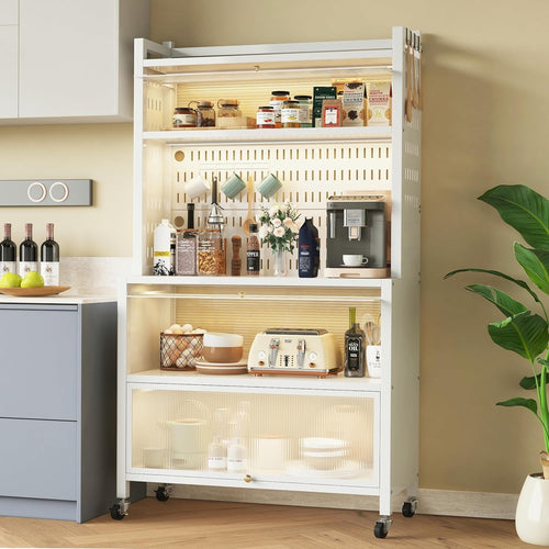 80x36x162cm White 5-Tier Kitchen Baker's Rack with Flip Doors & Wheels