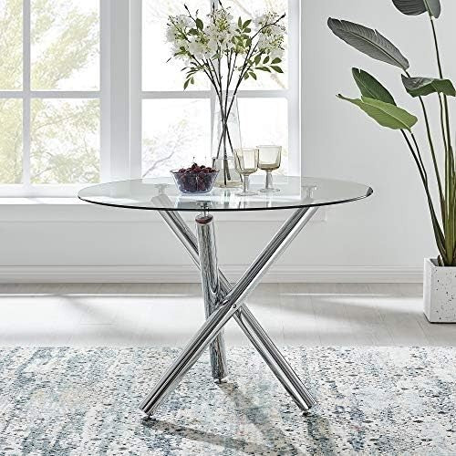 Round Glass Dining Table 100cm Contemporary Chrome Legs Minimalist Modern