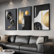 Large Framed Black Gold Abstract Wall Art 3 Panel 24x36in Set