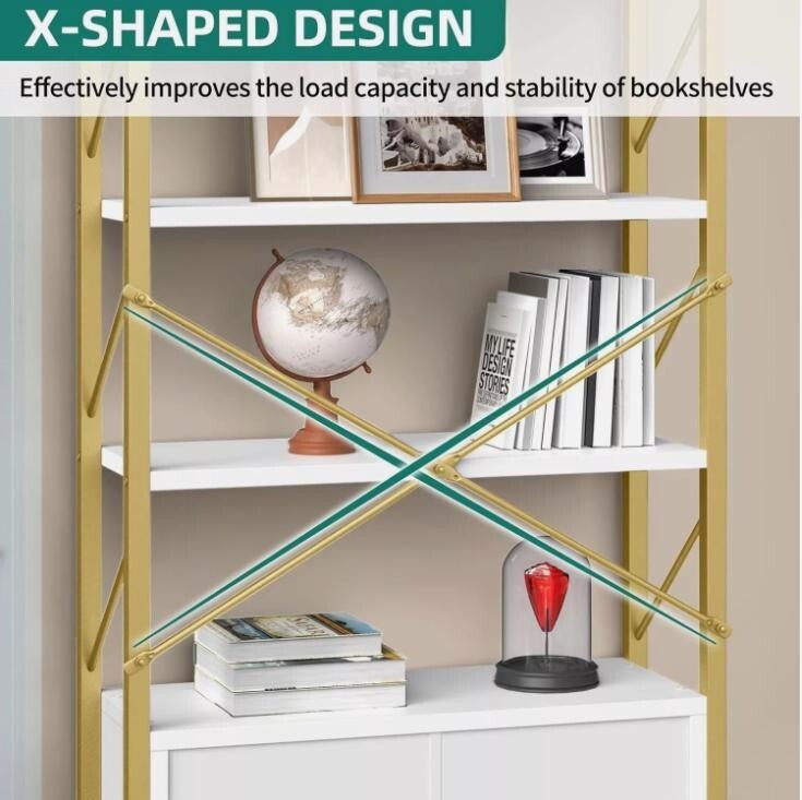Modern 5 Tier Bookcase Storage Unit Display Rack with Cabinet Gold Frame