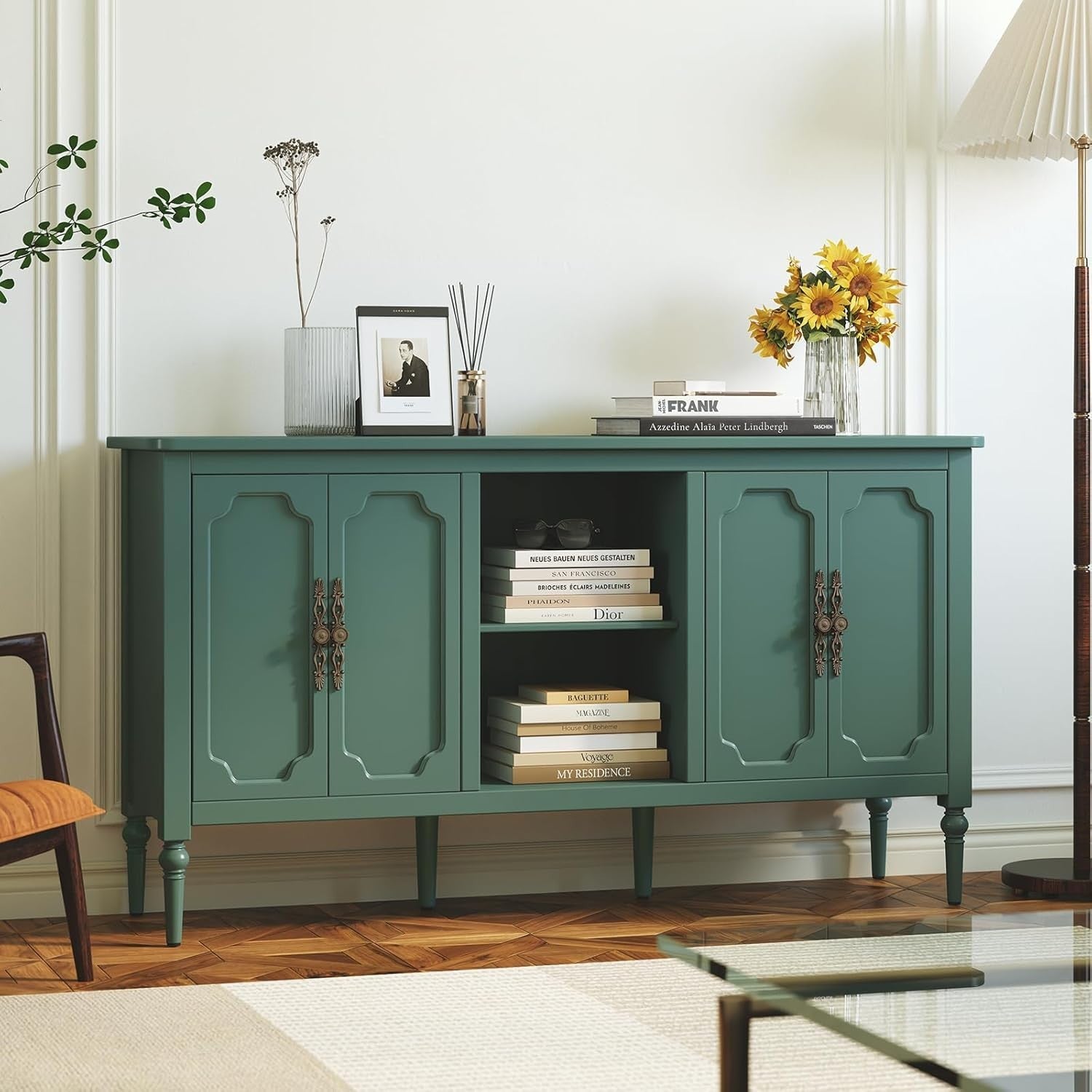 Green Wood Sideboard Cabinet 4 Door Gold Accent Buffet Storage Unit
