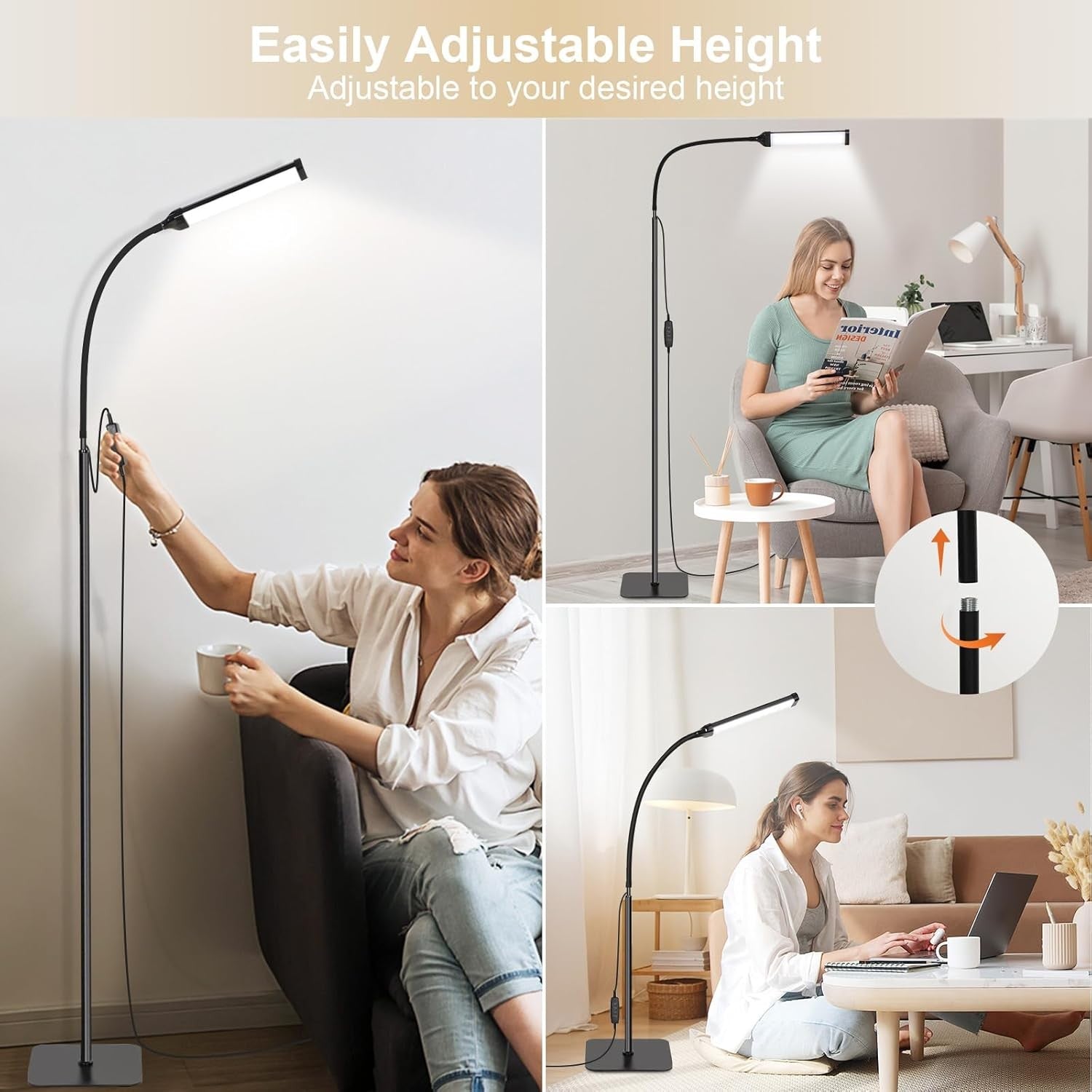 LED Floor Reading Lamp Dimmable Adjustable Black Standing Light for Living Room