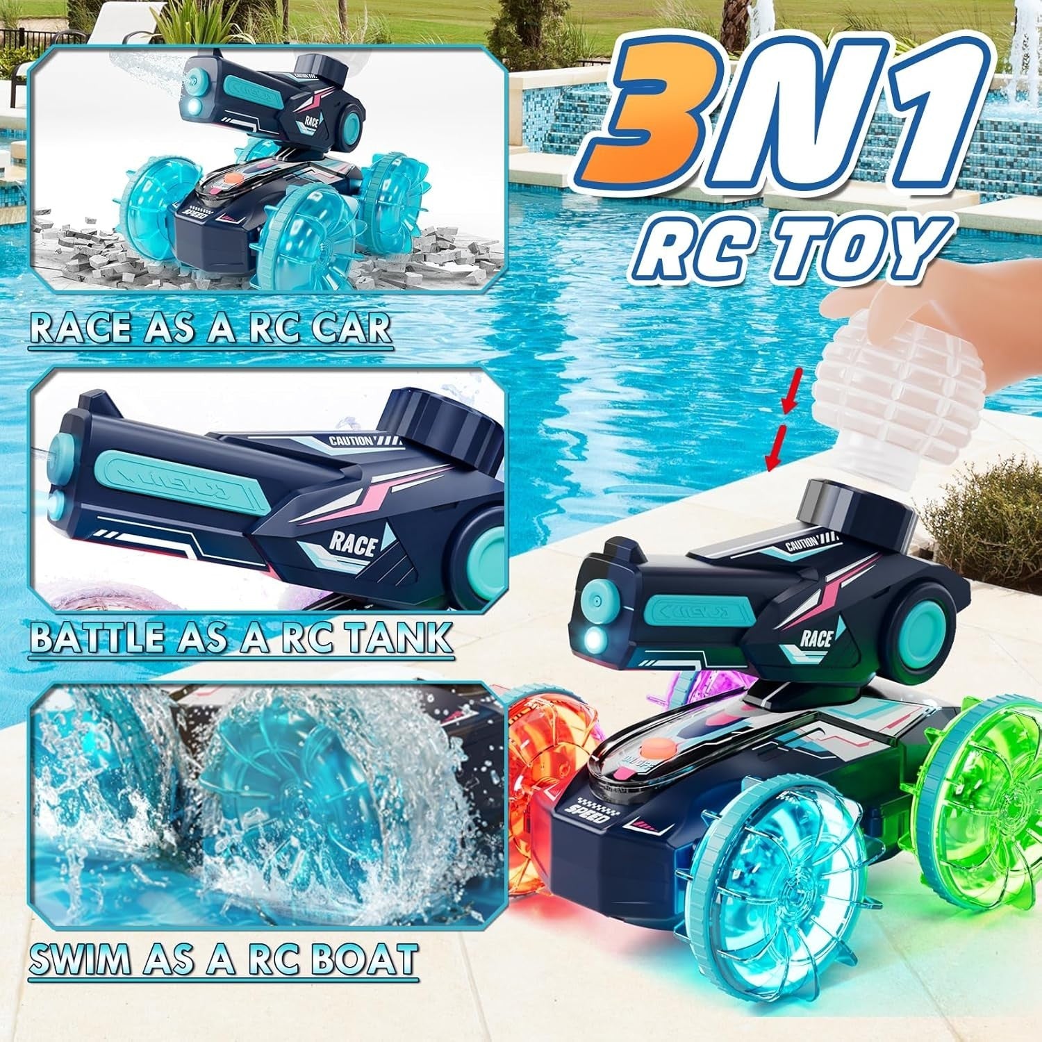 3-in-1 Amphibious RC Car with Water Gun & LED Lights – Kids Outdoor Toy