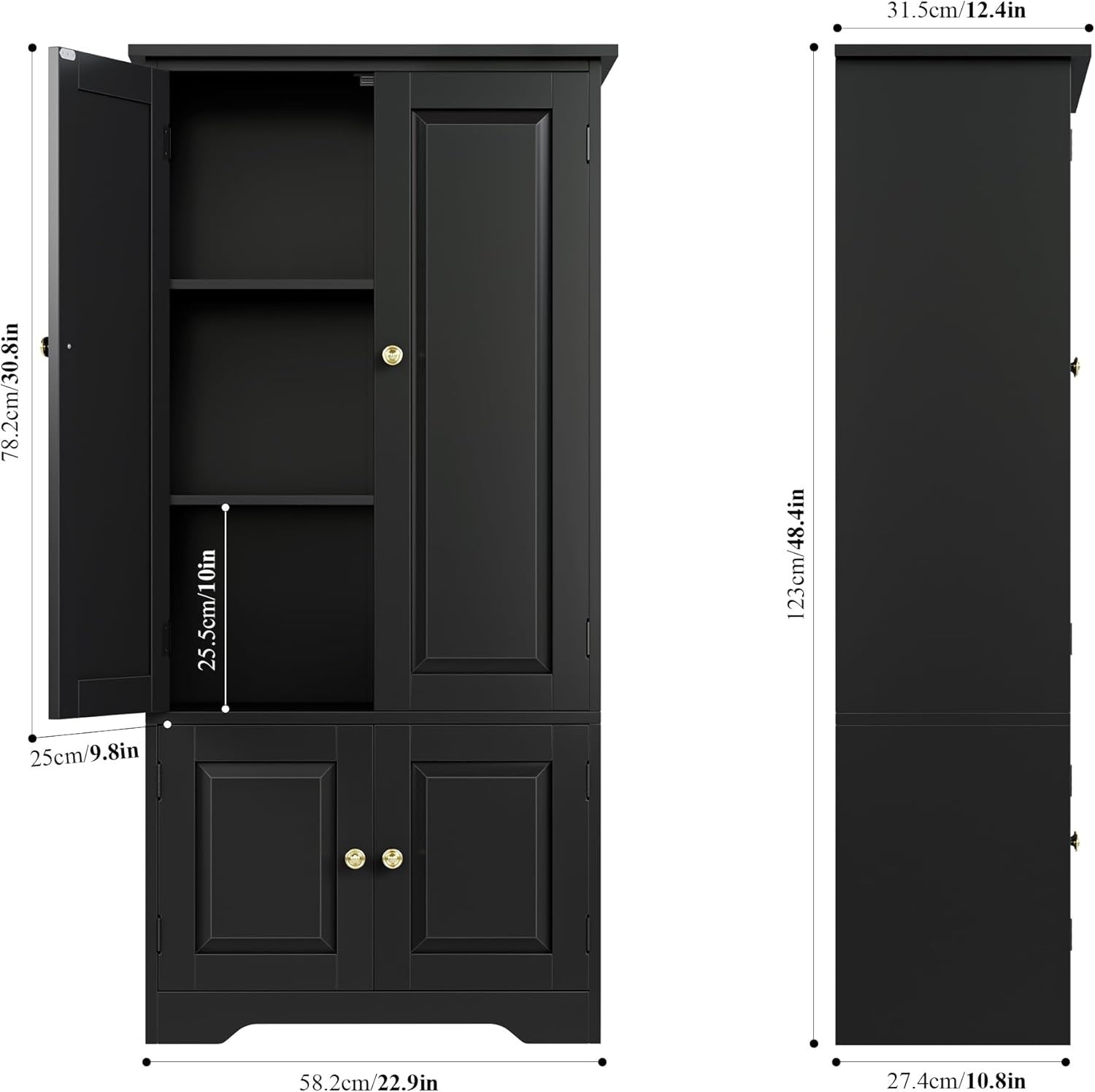 Black Kitchen Cupboard 4 Door Freestanding Storage Cabinet with Shelves