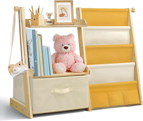 Yellow Kids Bookshelf & Toy Storage – 4-Tier Wooden Bookcase + Toy Chest
