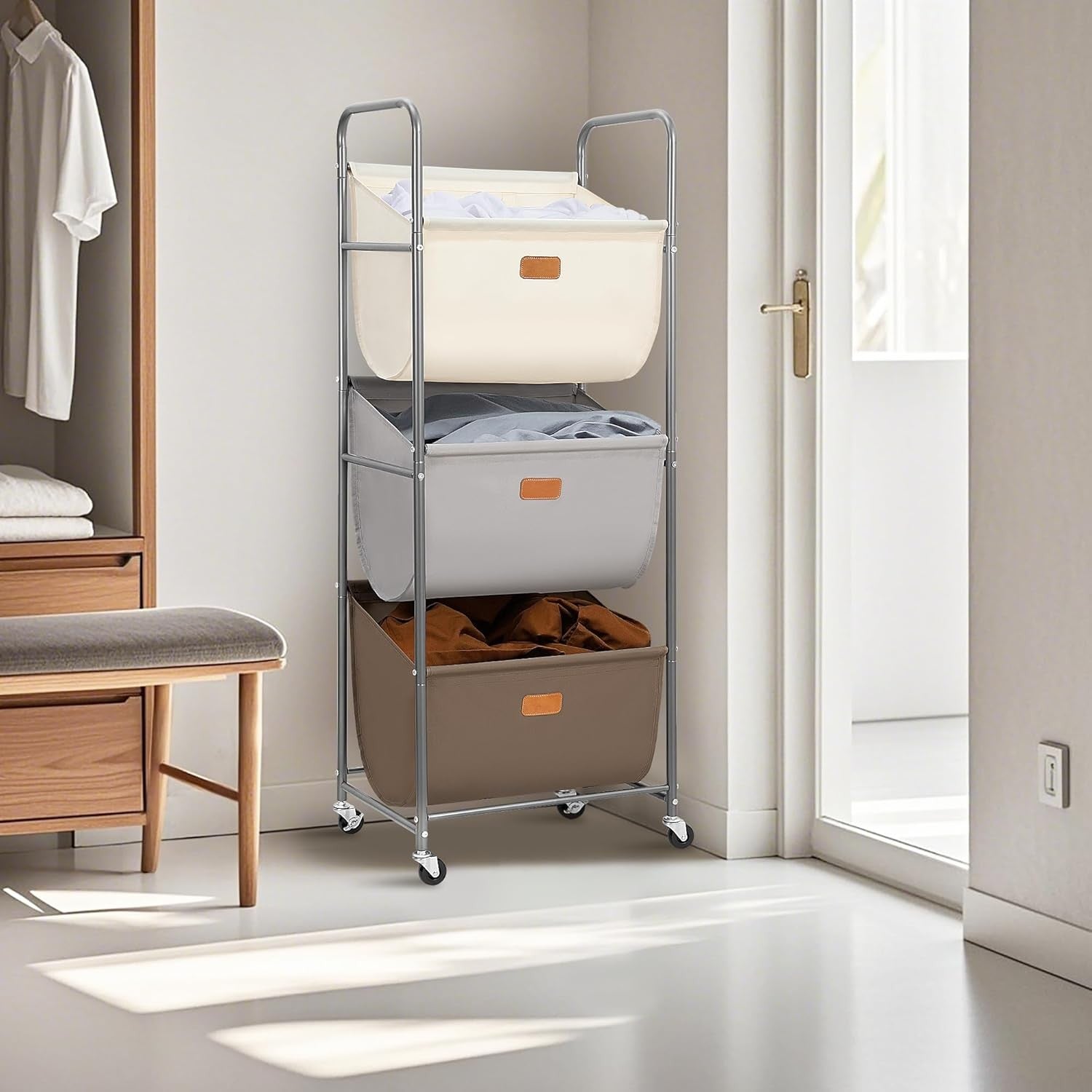 3 Tier Vertical Rolling Laundry Hamper 120L Removable Bags Space Saving Cart
