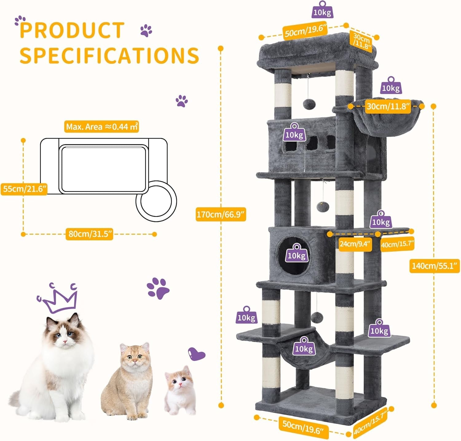 170cm Tall Cat Tree Tower Multi-Level Scratching Posts Condos Large Cats