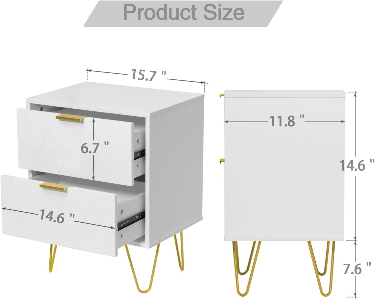 Set of 2 White Bedside Tables with Gold Legs | Modern 2 Drawer Nightstands