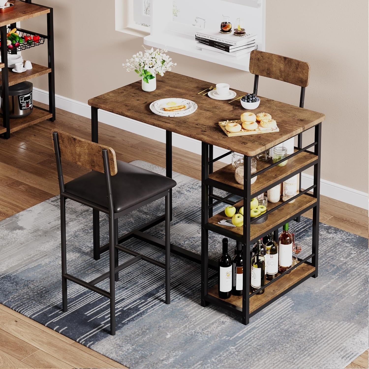3 Piece Bar Table Set 2 PU Leather Stools Storage Shelf High Dining Rustic Brown
