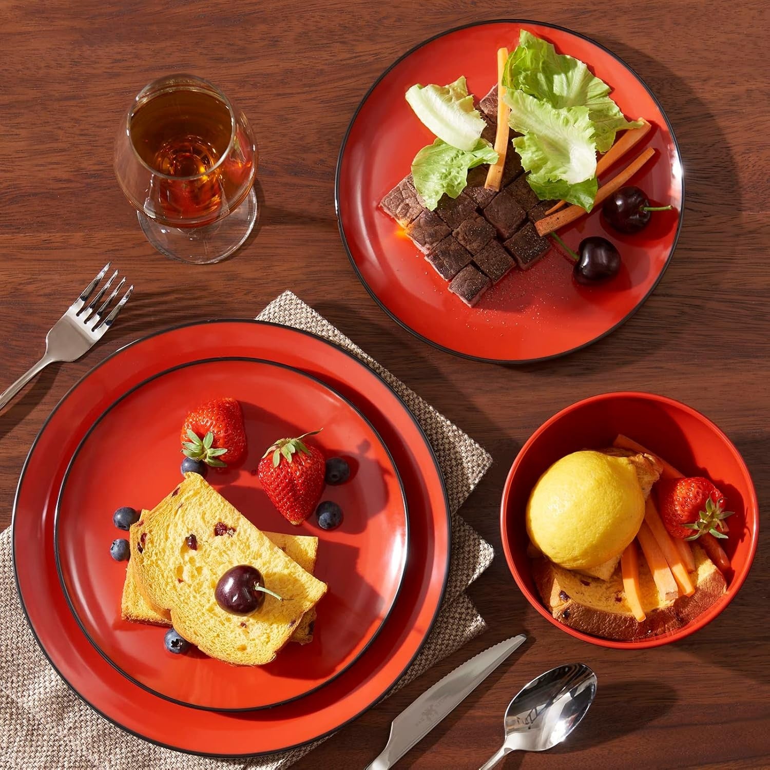 12pc Melamine Dinnerware Set Plates Bowls Black Red Non Breakable