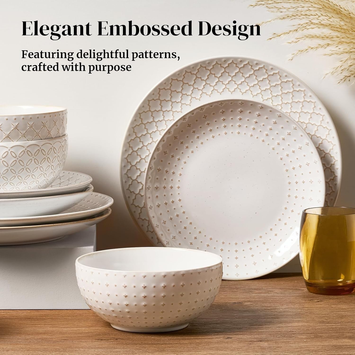 12 Piece Ceramic Dinner Set Plates Bowls Beige Modern Tableware Dishwasher Safe