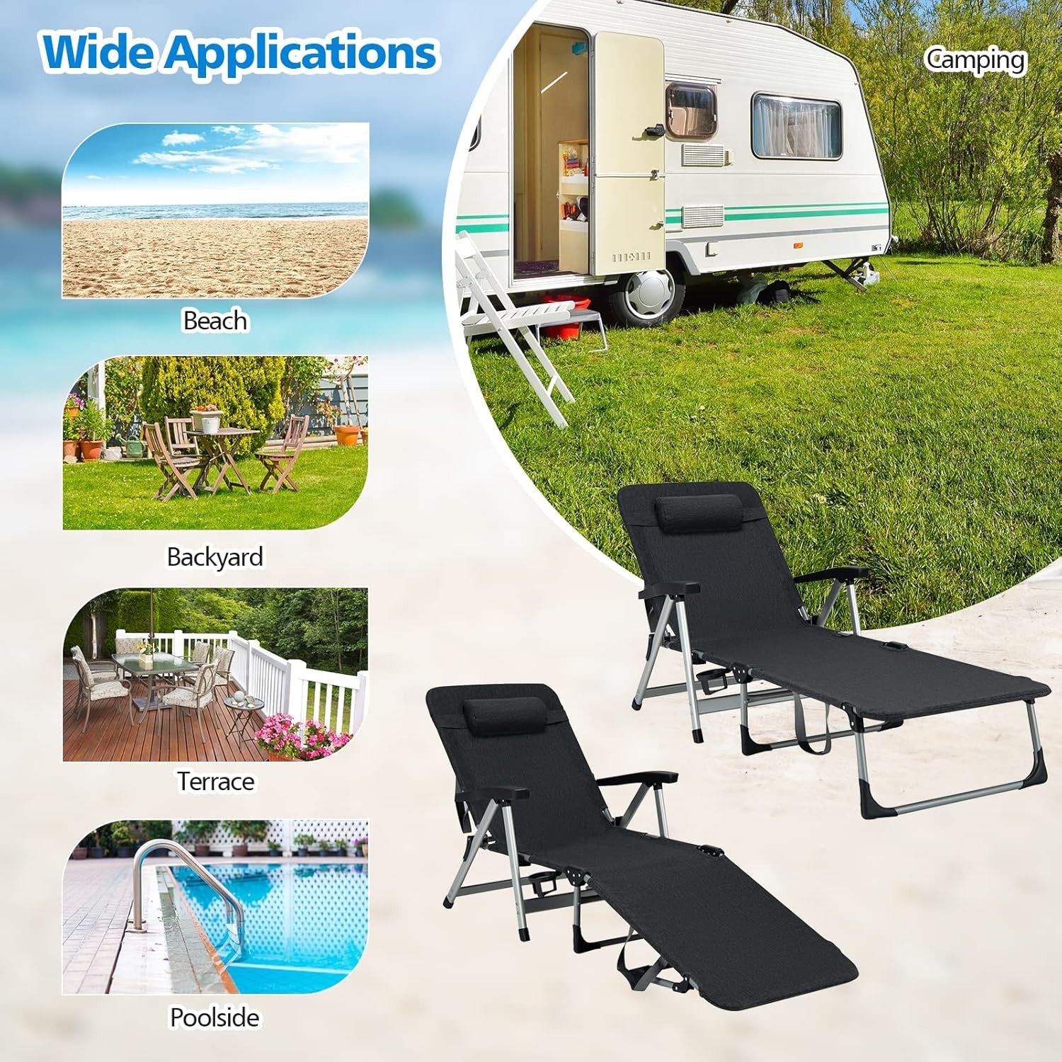 Folding Sun Lounger 7 Position Reclining Chair Cup Holder Black