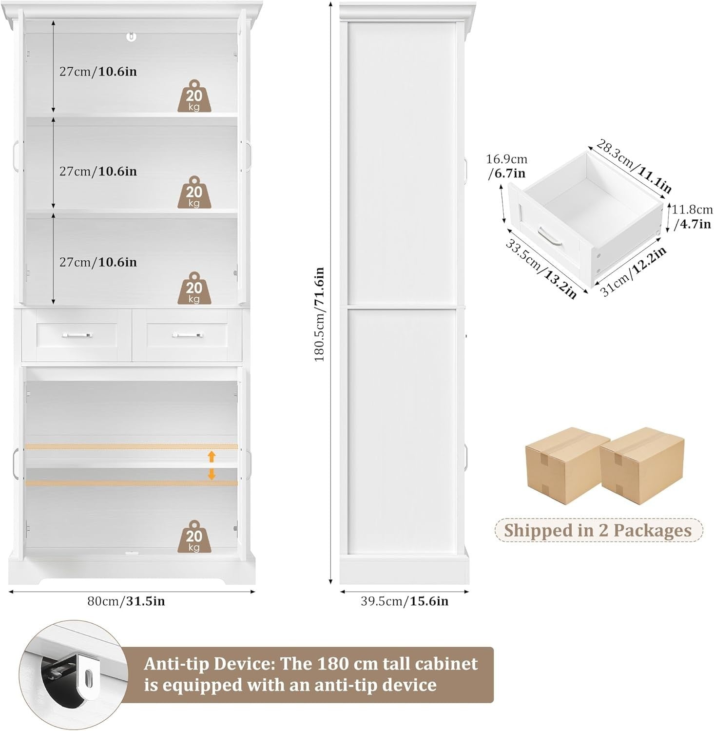 180.5cm Tall Kitchen Cupboard White 4 Doors 2 Drawers Adjustable Shelves
