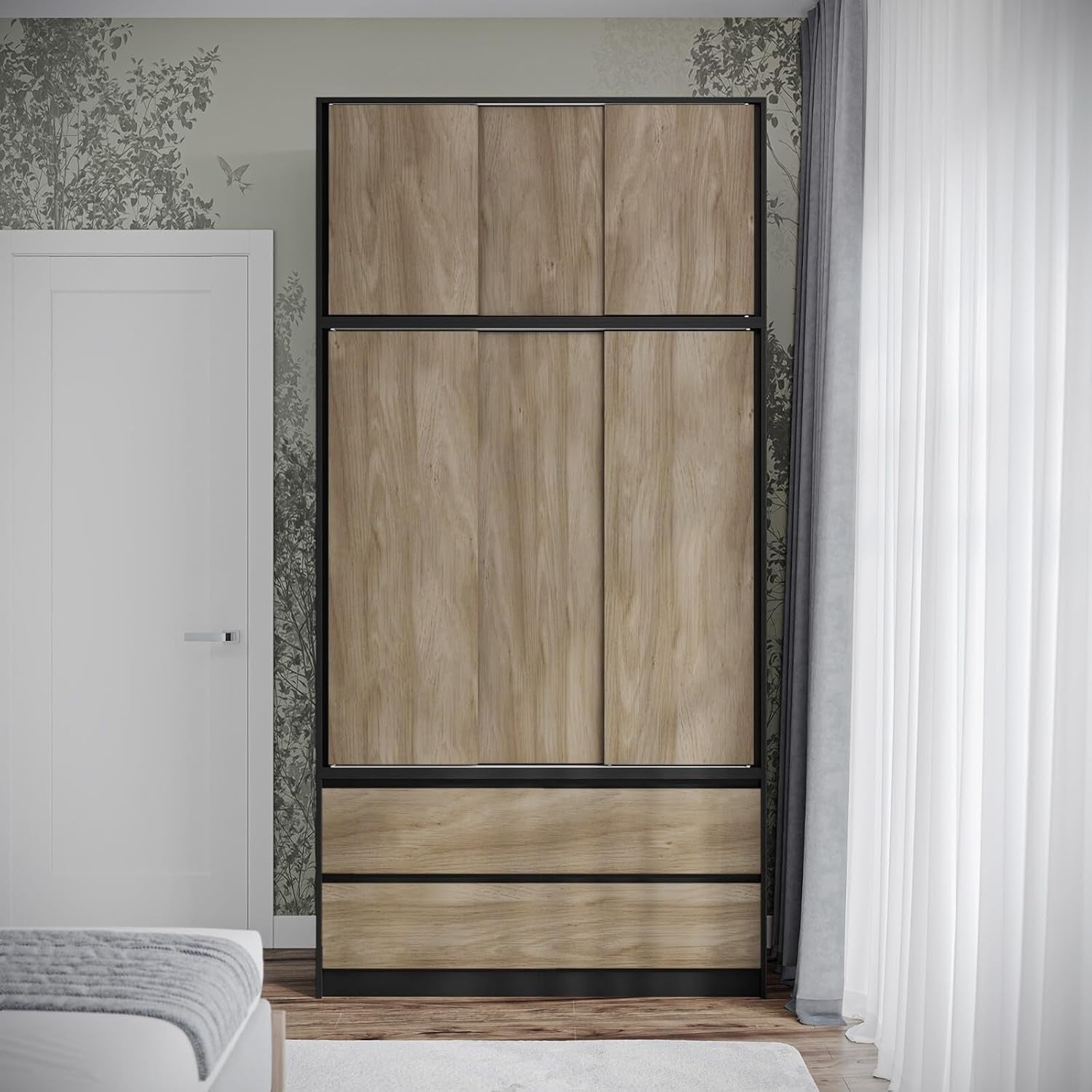 Oak Sliding Door Wardrobe 6 Doors 4 Drawers 240cm Modern Bedroom Closet