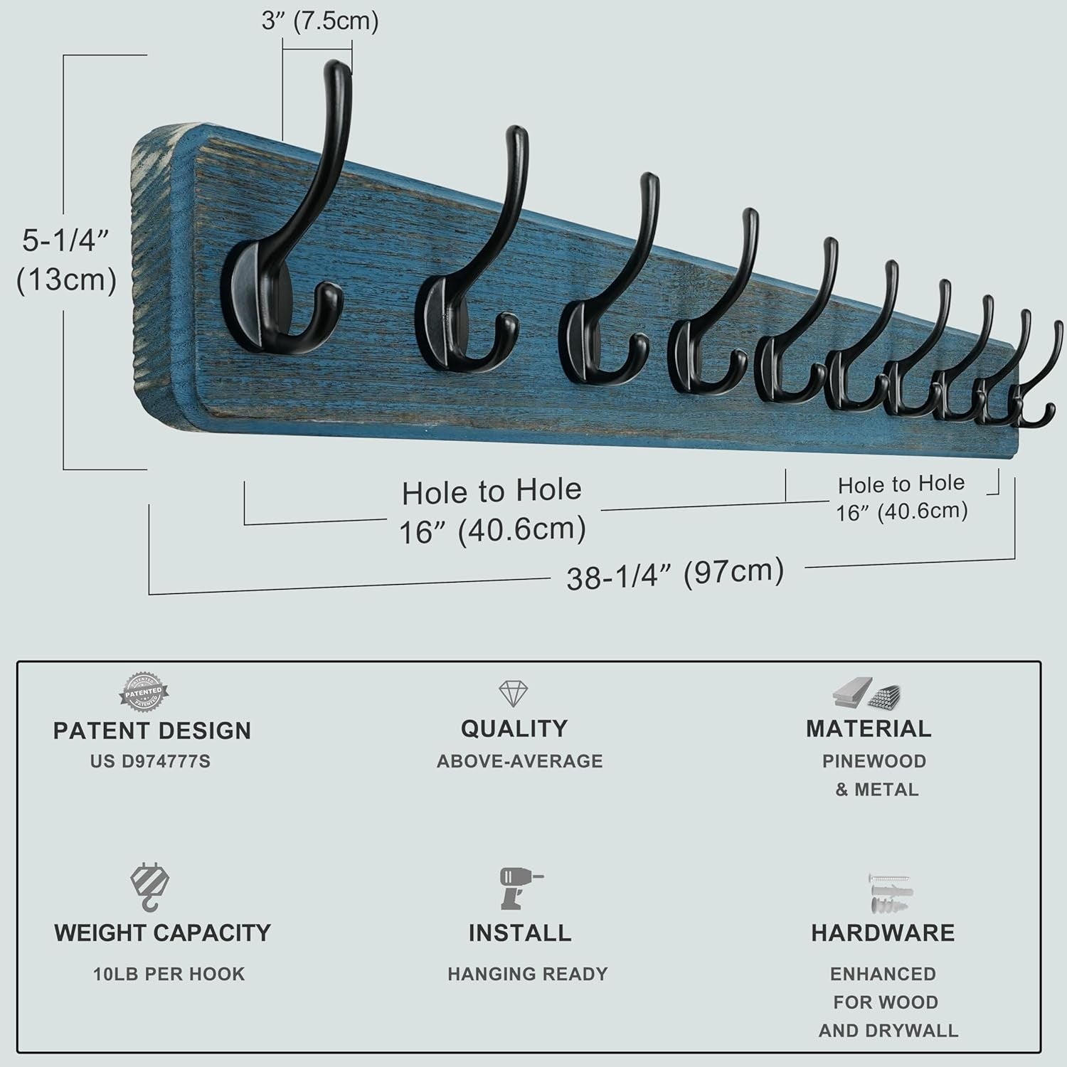 Wooden Wall Mounted Coat Rack 97cm 10 Double Hooks Rustic Blue Hanger