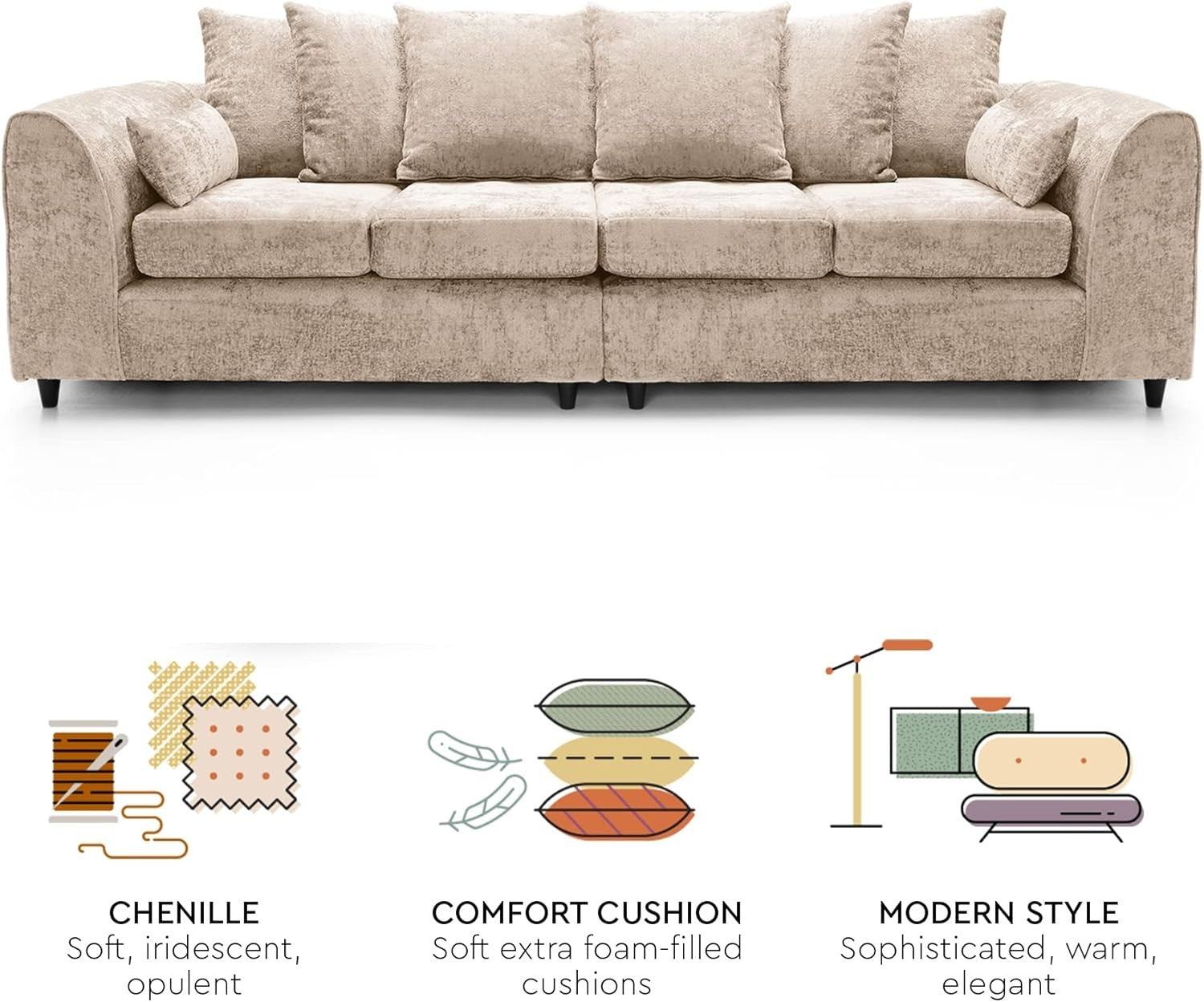 4 Seater Sofa Cream Chenille Crushed Fabric Couch Modern for Living Room